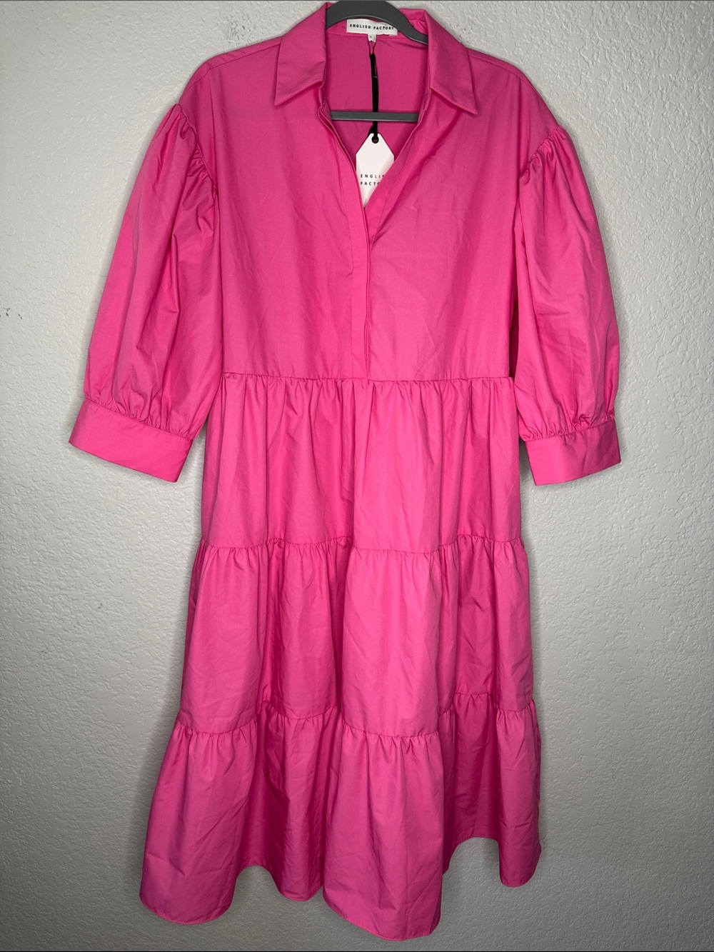 NWT English Factory Balloon Sleeve Pink Tiered Midi Shirt Dress Large Buttons - Picture 2 of 8